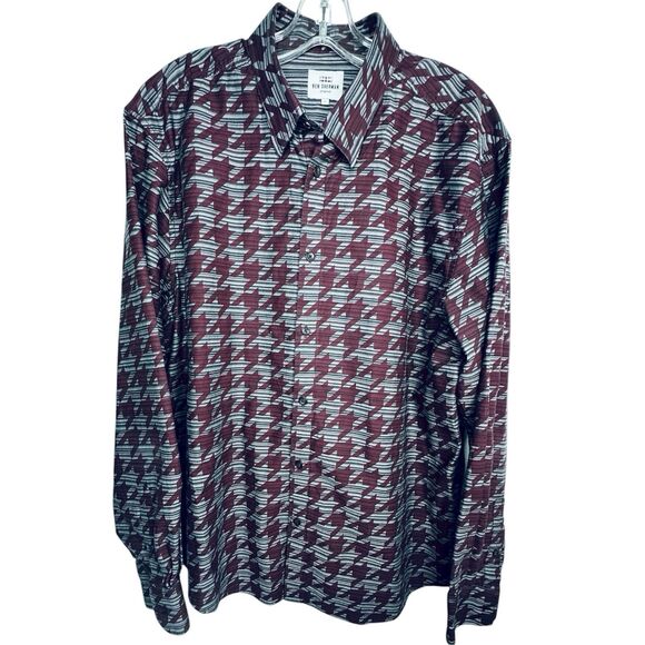 Ben Sherman Mens Stretch Paisley Button-Up Shirt Size XL Black Maroon LS Classic - Picture 2 of 8
